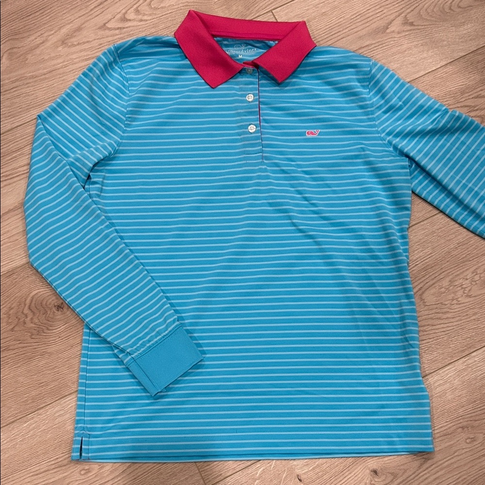 Vineyard vines Striped Blue Long Sleeve Polo Shirt with pink Collar